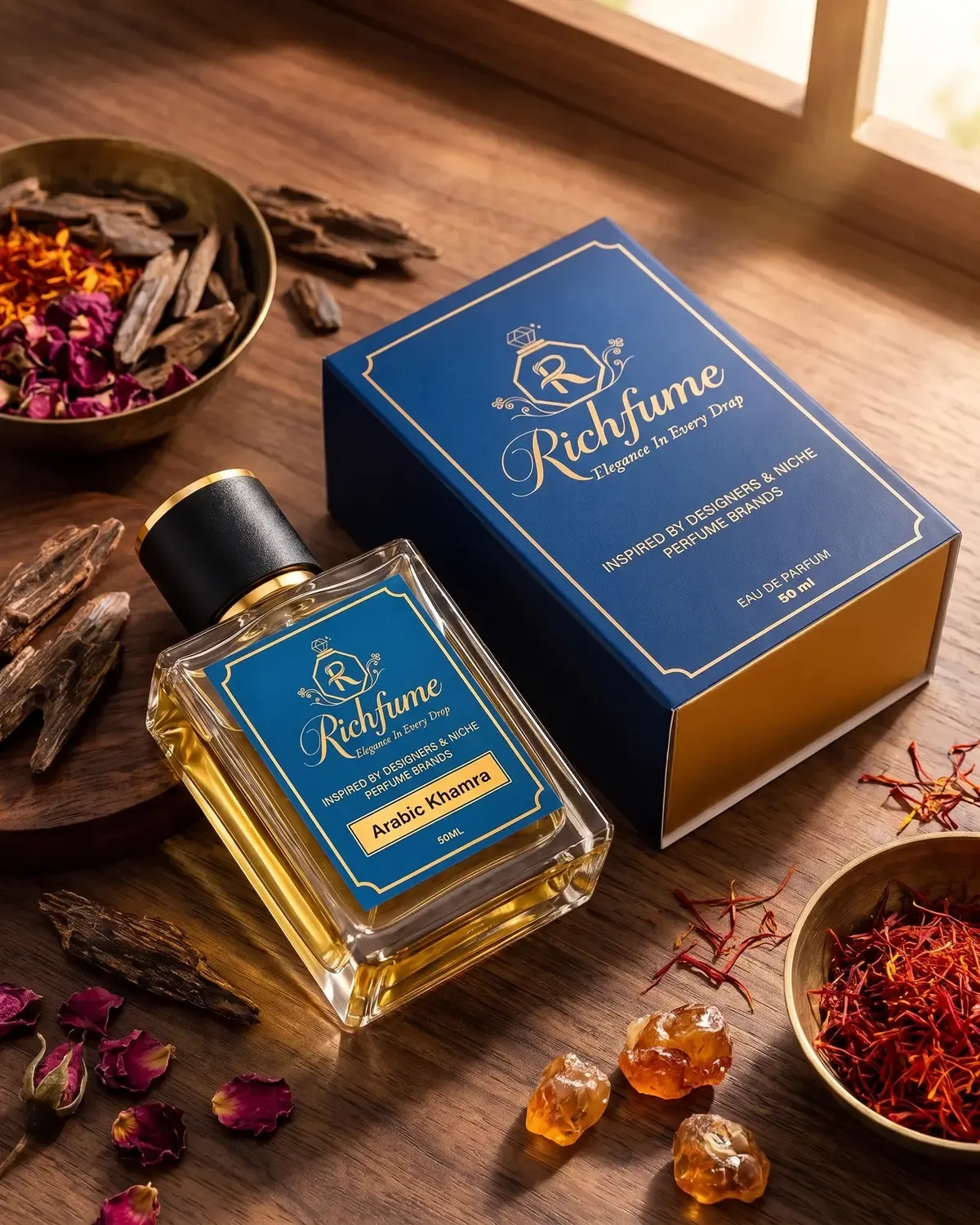 Richfume Arabic Khamra Eau de Parfum with its navy gift box